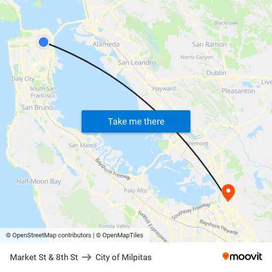 Market St & 8th St to City of Milpitas map