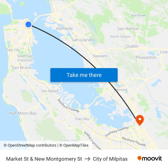 Market St & New Montgomery St to City of Milpitas map