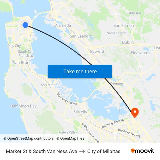 Market St & South Van Ness Ave to City of Milpitas map