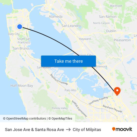 San Jose Ave & Santa Rosa Ave to City of Milpitas map