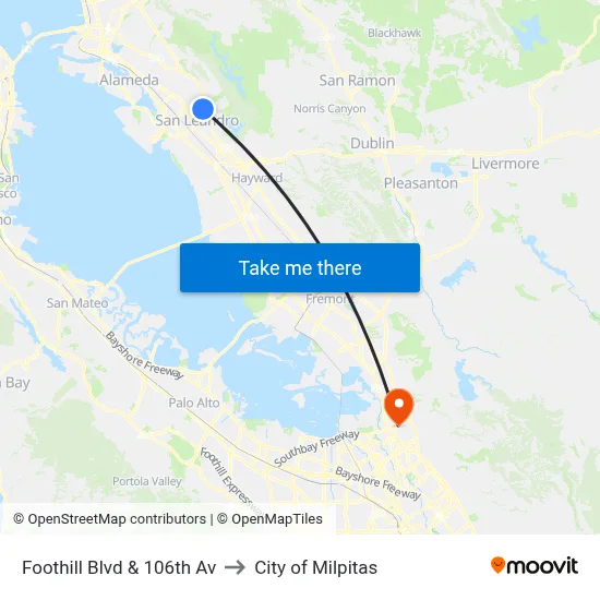 Foothill Blvd & 106th Av to City of Milpitas map
