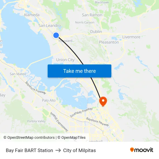 Bay Fair BART Station to City of Milpitas map