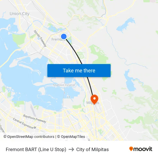 Fremont BART (Line U Stop) to City of Milpitas map