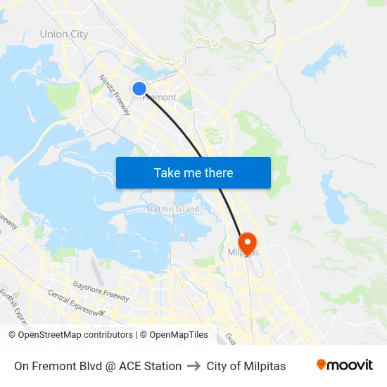 On Fremont Blvd @ ACE Station to City of Milpitas map