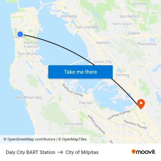 Daly City BART Station to City of Milpitas map