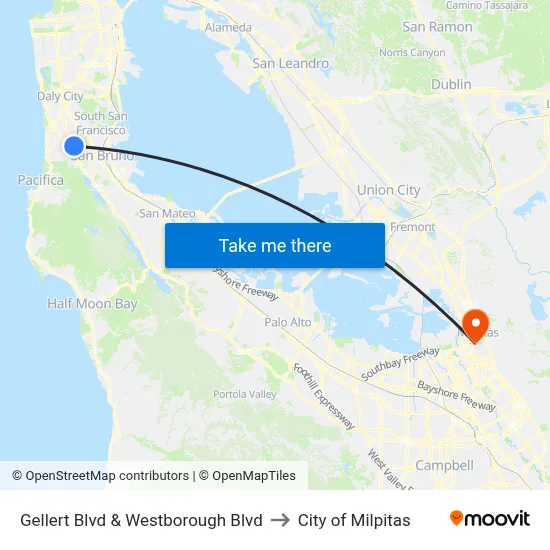 Gellert Blvd & Westborough Blvd to City of Milpitas map