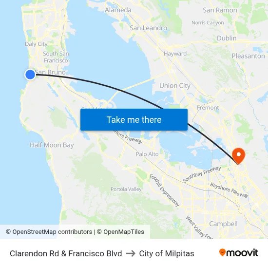 Clarendon Rd & Francisco Blvd to City of Milpitas map