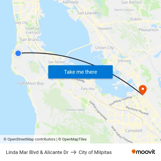 Linda Mar Blvd & Alicante Dr to City of Milpitas map