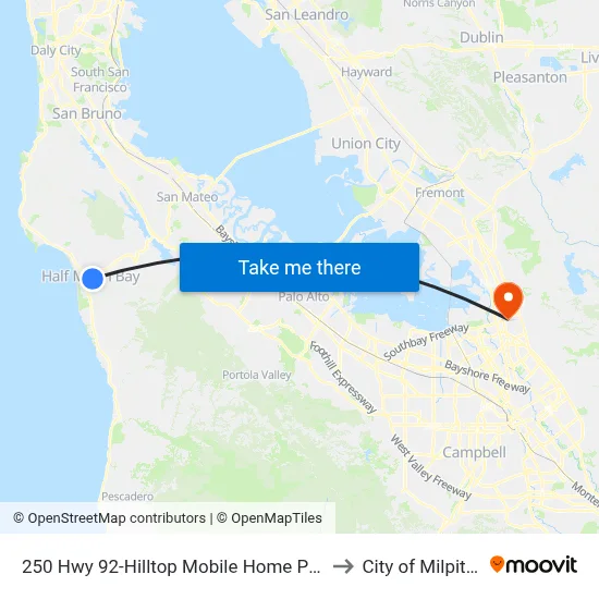 250 Hwy 92-Hilltop Mobile Home Park to City of Milpitas map