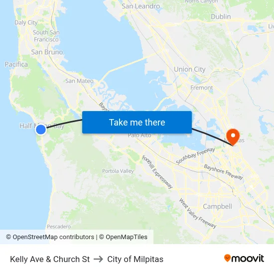 Kelly Ave & Church St to City of Milpitas map