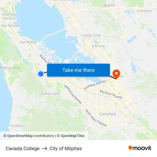 Canada College to City of Milpitas map