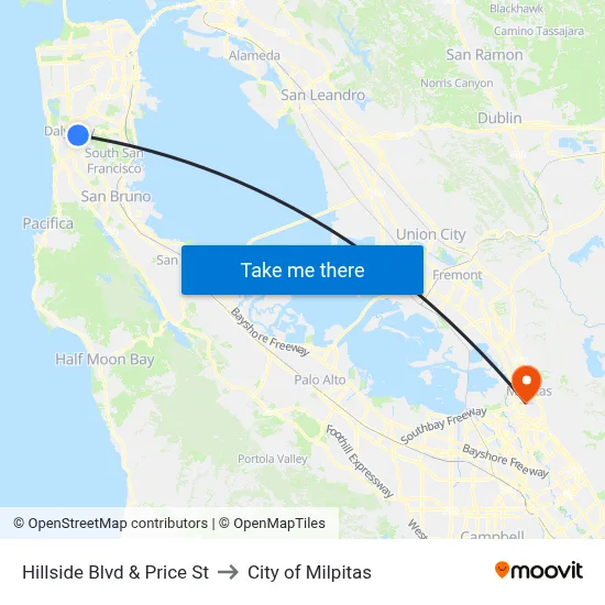 Hillside Blvd & Price St to City of Milpitas map