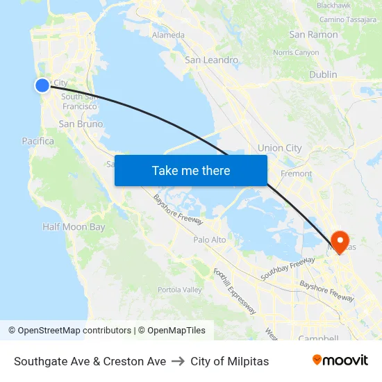 Southgate Ave & Creston Ave to City of Milpitas map