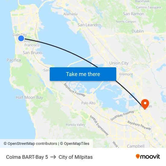 Colma BART-Bay 5 to City of Milpitas map