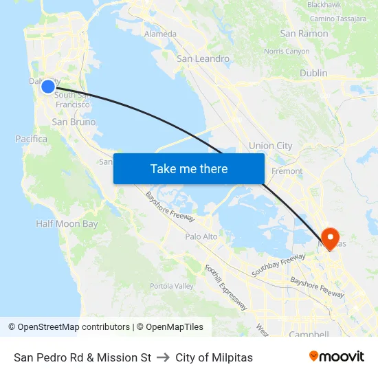 San Pedro Rd & Mission St to City of Milpitas map