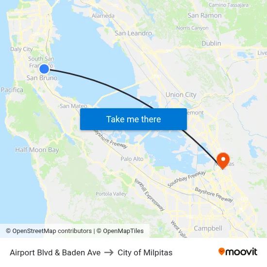 Airport Blvd & Baden Ave to City of Milpitas map