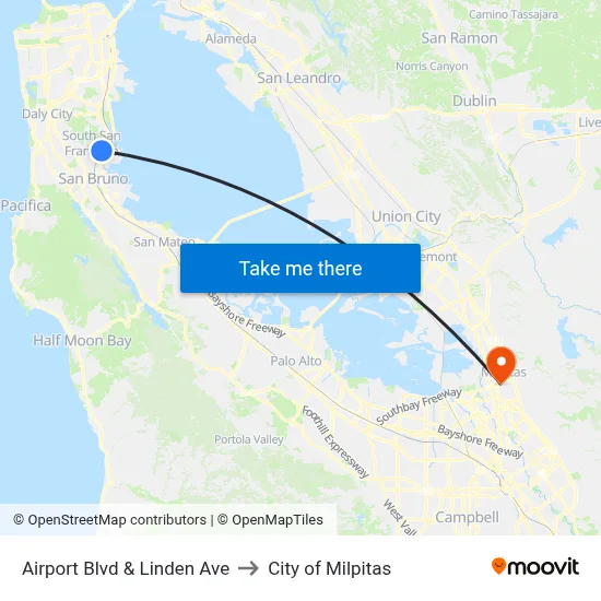 Airport Blvd & Linden Ave to City of Milpitas map