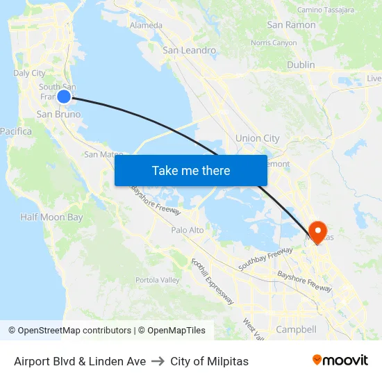 Airport Blvd & Linden Ave to City of Milpitas map