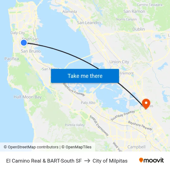 El Camino Real & BART-South SF to City of Milpitas map