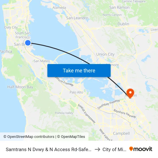 Samtrans N Dvwy & N Access Rd-Safe Harbor Shelter to City of Milpitas map