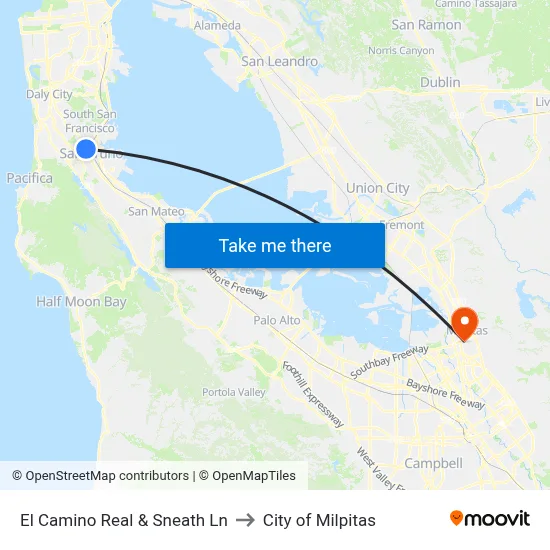 El Camino Real & Sneath Ln to City of Milpitas map