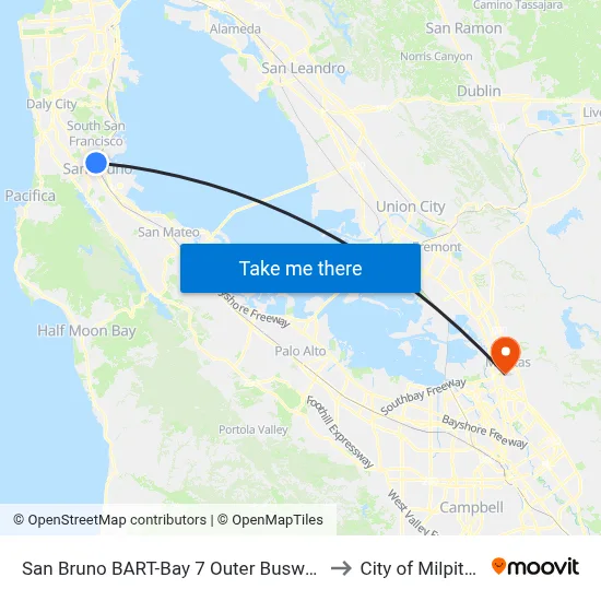 San Bruno BART-Bay 7 Outer Busway to City of Milpitas map