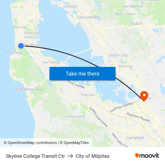 Skyline College Transit Ctr to City of Milpitas map
