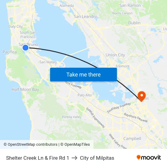 Shelter Creek Ln & Fire Rd 1 to City of Milpitas map