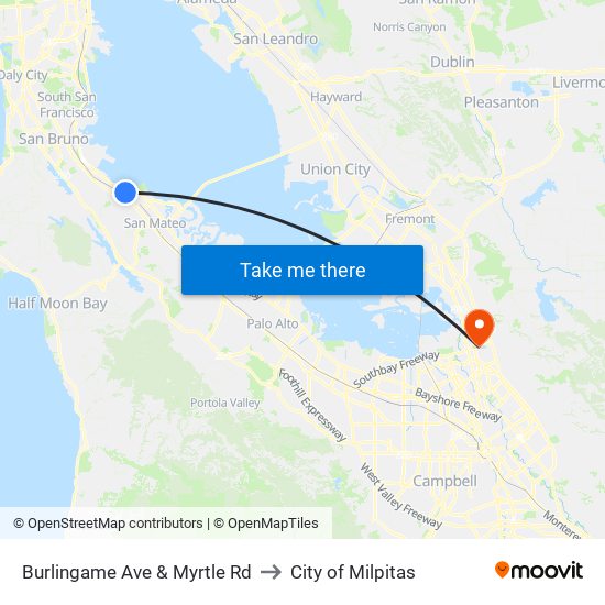 Burlingame Ave & Myrtle Rd to City of Milpitas map