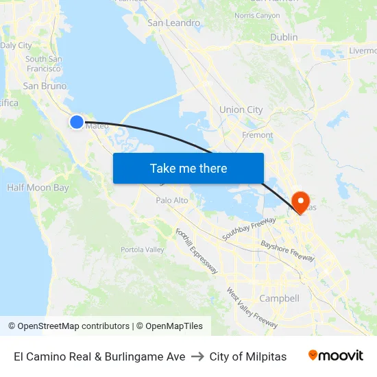 El Camino Real & Burlingame Ave to City of Milpitas map