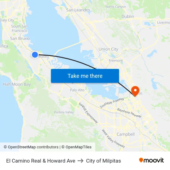 El Camino Real & Howard Ave to City of Milpitas map
