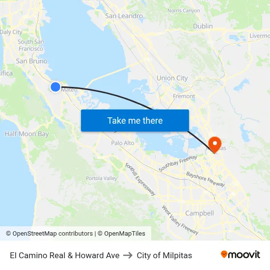 El Camino Real & Howard Ave to City of Milpitas map