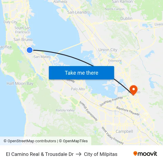 El Camino Real & Trousdale Dr to City of Milpitas map
