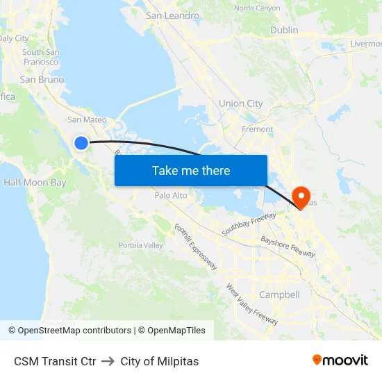 CSM Transit Ctr to City of Milpitas map