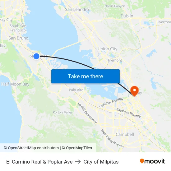 El Camino Real & Poplar Ave to City of Milpitas map