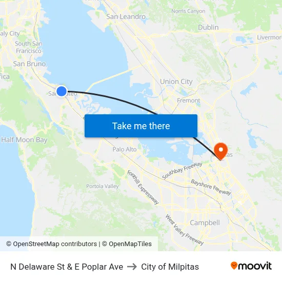 N Delaware St & E Poplar Ave to City of Milpitas map