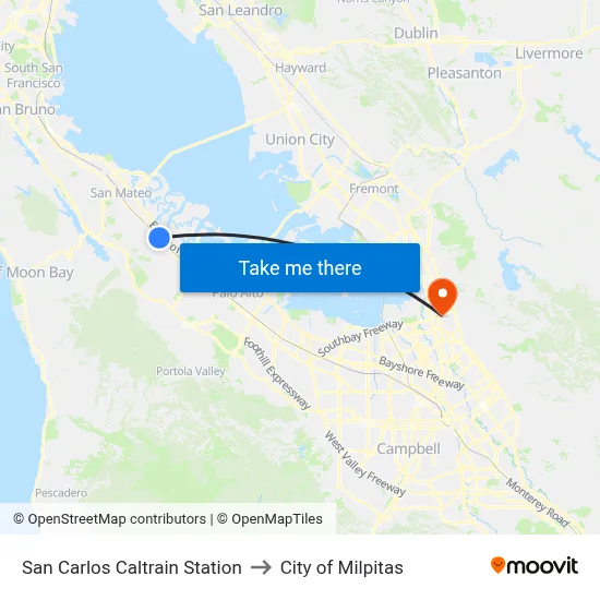San Carlos Caltrain Station to City of Milpitas map