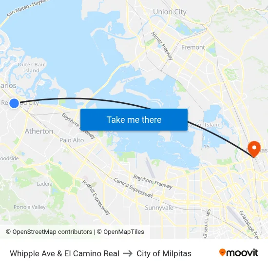 Whipple Ave & El Camino Real to City of Milpitas map