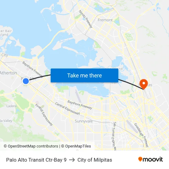 Palo Alto Transit Ctr-Bay 9 to City of Milpitas map