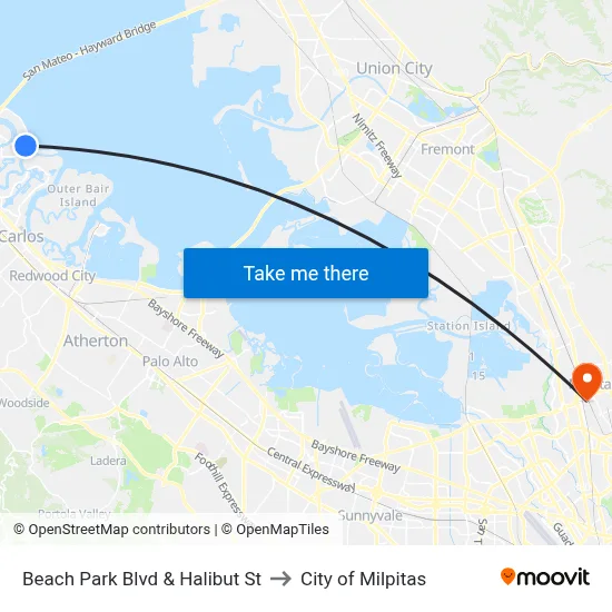 Beach Park Blvd & Halibut St to City of Milpitas map
