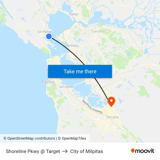 Shoreline Pkwy @ Target to City of Milpitas map