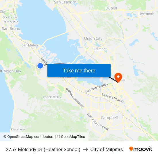 2757 Melendy Dr (Heather School) to City of Milpitas map