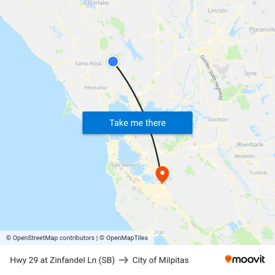 Hwy 29 at Zinfandel Ln (SB) to City of Milpitas map