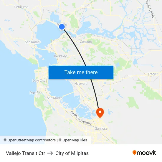 Vallejo Transit Ctr to City of Milpitas map