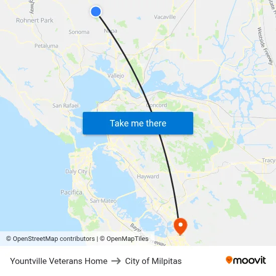 Yountville Veterans Home to City of Milpitas map