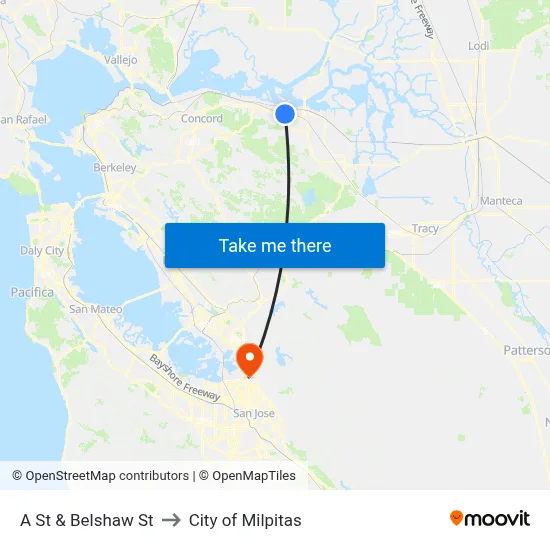 A St & Belshaw St to City of Milpitas map