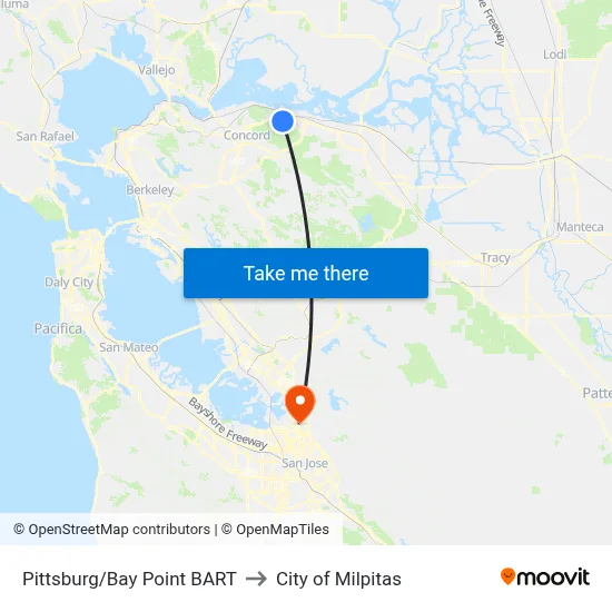Pittsburg/Bay Point BART to City of Milpitas map