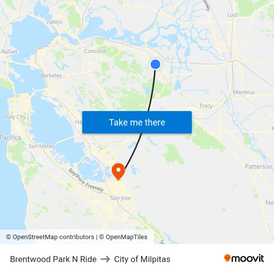 Brentwood Park N Ride to City of Milpitas map