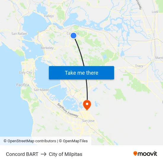 Concord BART to City of Milpitas map