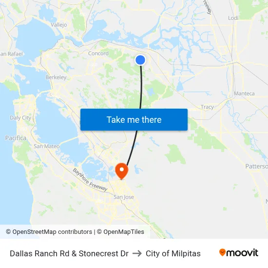 Dallas Ranch Rd & Stonecrest Dr to City of Milpitas map